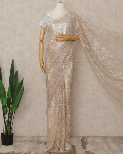 Light Peach French Metallic Chantilly Lace Saree