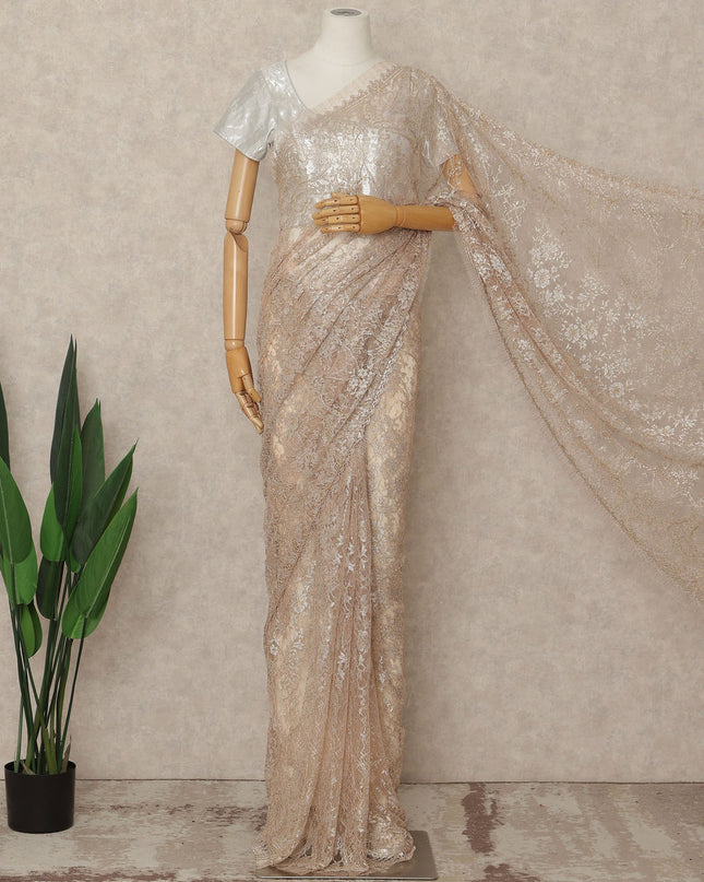 Light Peach French Metallic Chantilly Lace Saree