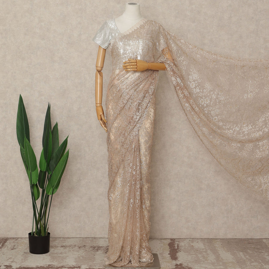 Light Peach French Metallic Chantilly Lace Saree
