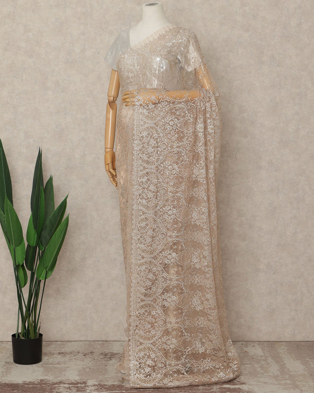 Light Peach French Metallic Chantilly Lace Saree