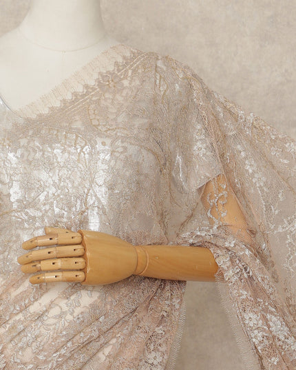 Light Peach French Metallic Chantilly Lace Saree
