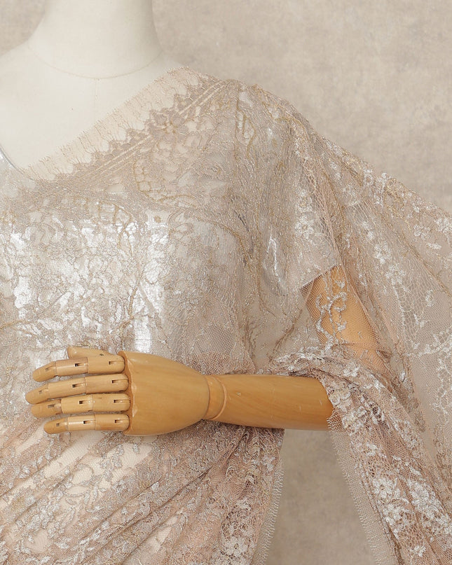 Light Peach French Metallic Chantilly Lace Saree