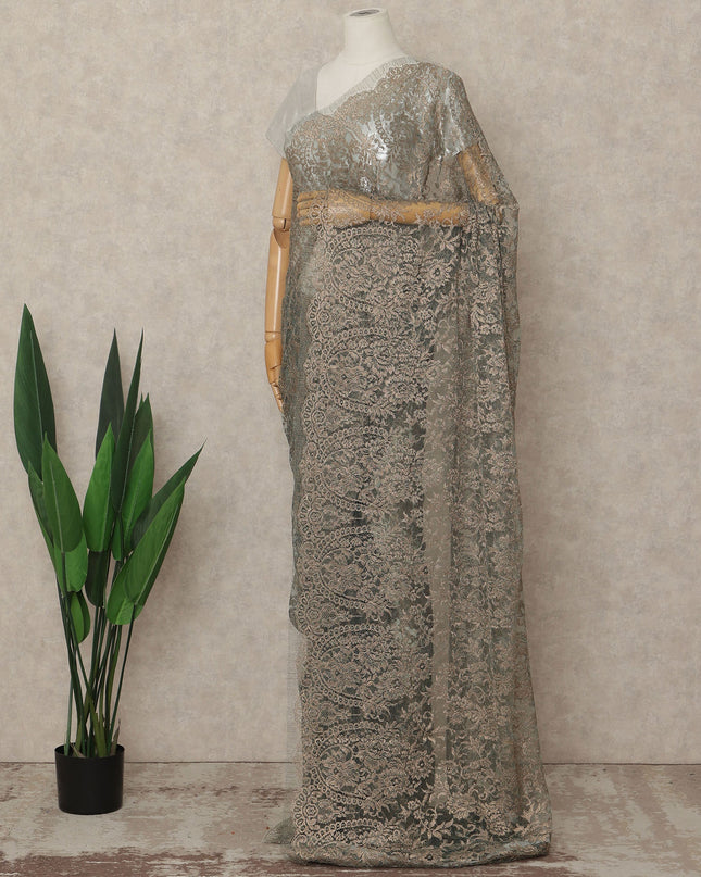 Grey French Metallic Chantilly Lace Saree