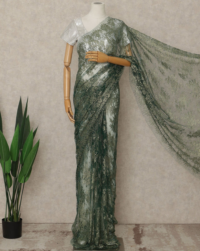 Green French Metallic Chantilly Lace Saree
