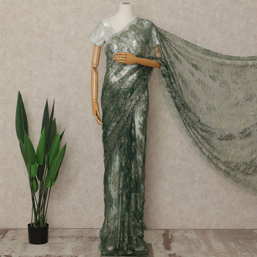 Green French Metallic Chantilly Lace Saree