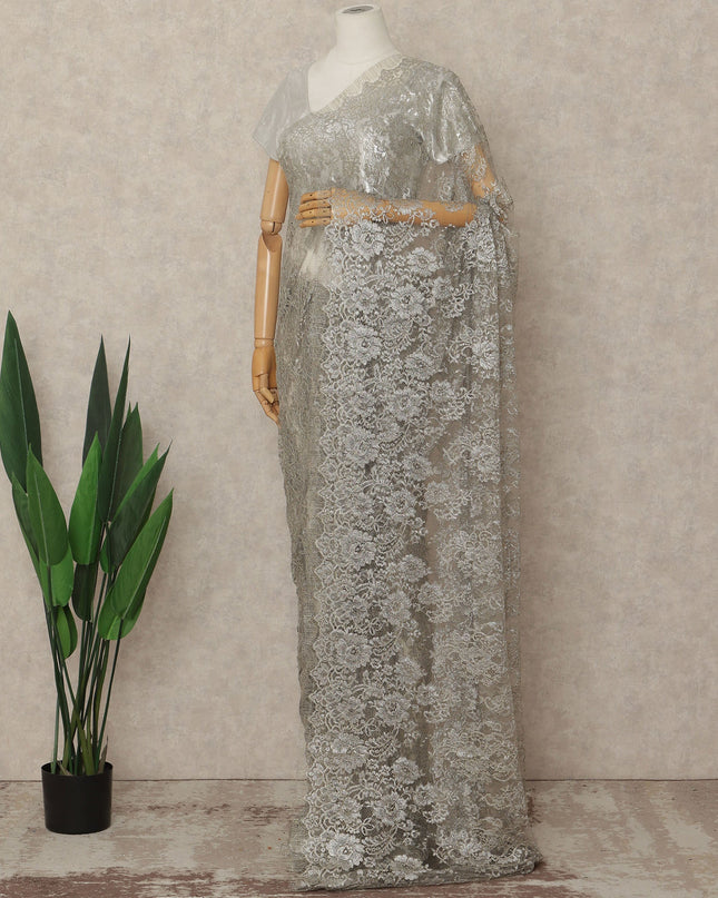 Silver French Metallic Chantilly Lace Saree
