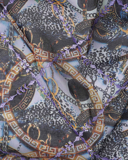 Grey Blue Abstract Circle Embroidery Voile 150cm