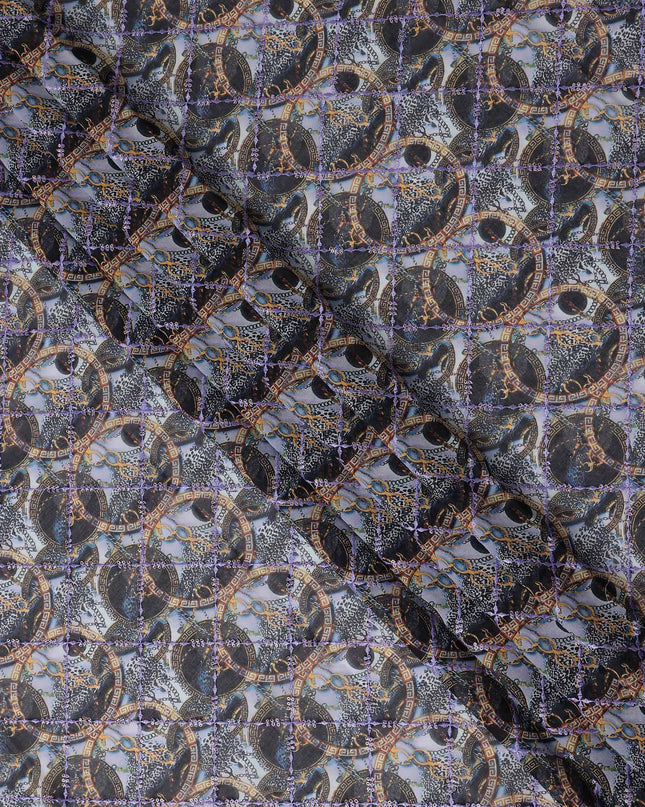 Grey Blue Abstract Circle Embroidery Voile 150cm
