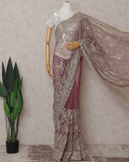 Dusty Rose Pink Embroidered Net Saree 110cm