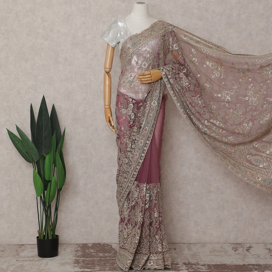 Dusty Rose Pink Embroidered Net Saree 110cm