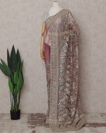 Dusty Rose Pink Embroidered Net Saree 110cm