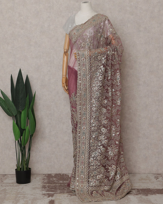 Dusty Rose Pink Embroidered Net Saree 110cm