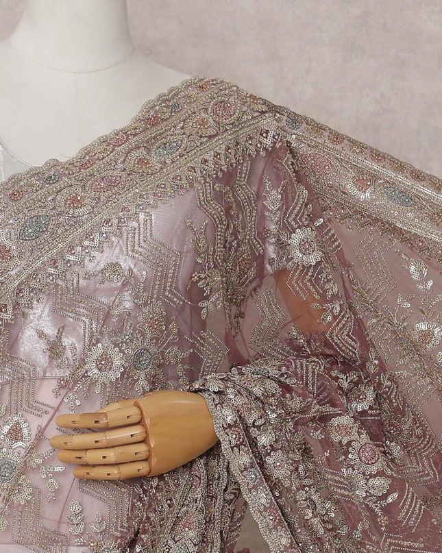 Dusty Rose Pink Embroidered Net Saree 110cm