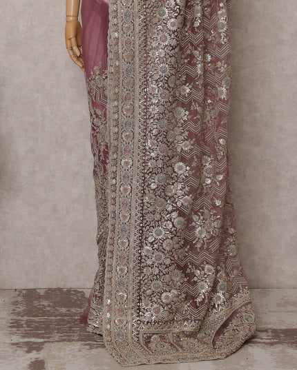 Dusty Rose Pink Embroidered Net Saree 110cm