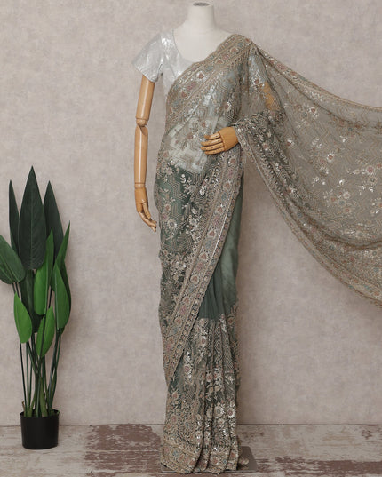 Sage Green Embroidered Net Saree 110cm