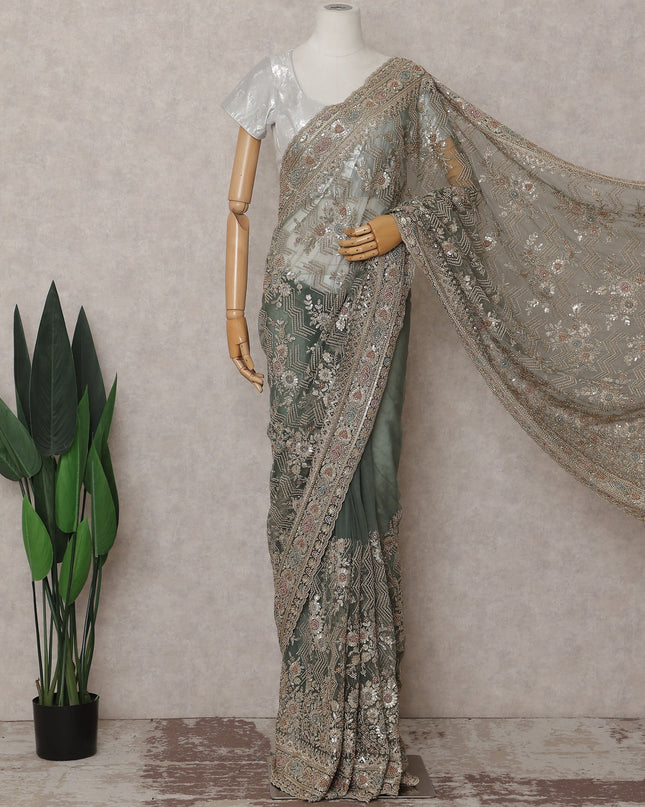 Sage Green Embroidered Net Saree 110cm