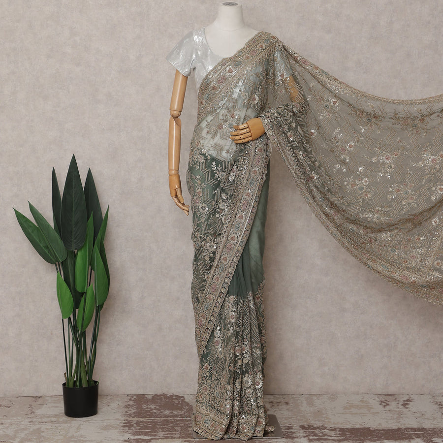 Sage Green Embroidered Net Saree 110cm