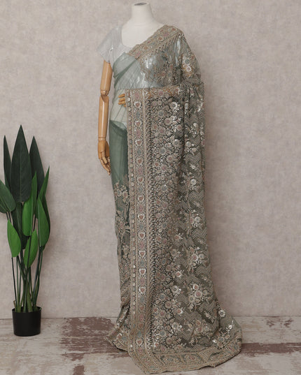 Sage Green Embroidered Net Saree 110cm