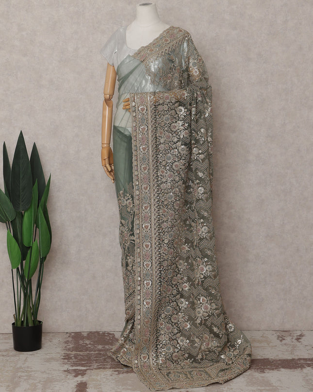 Sage Green Embroidered Net Saree 110cm