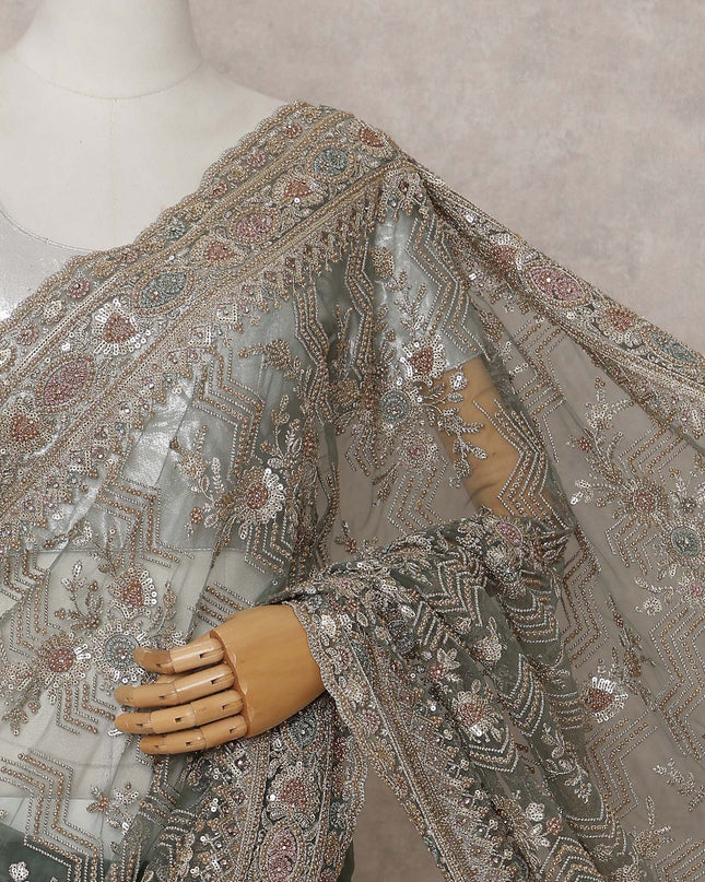 Sage Green Embroidered Net Saree 110cm