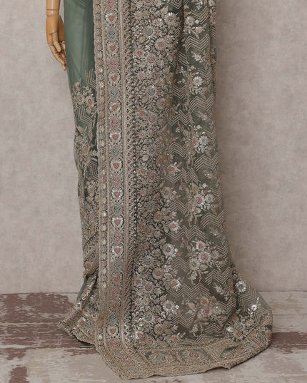 Sage Green Embroidered Net Saree 110cm
