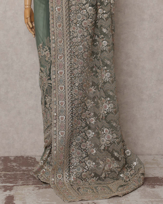 Sage Green Embroidered Net Saree 110cm