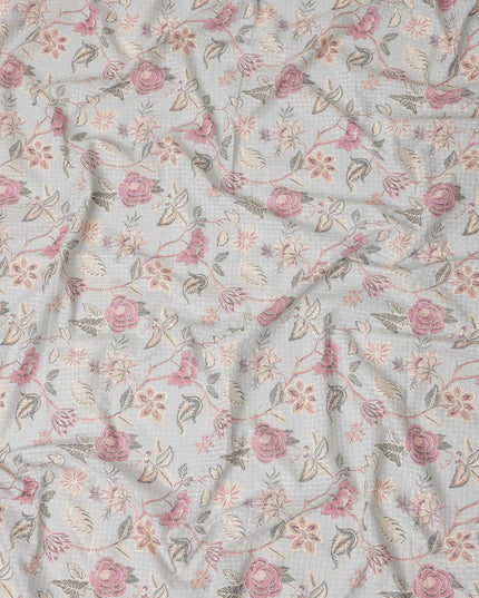 Grey Floral Cotton Voile Fabric 110cm India