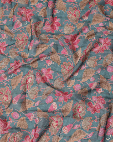 Sage Green Floral Synthetic Chiffon Fabric