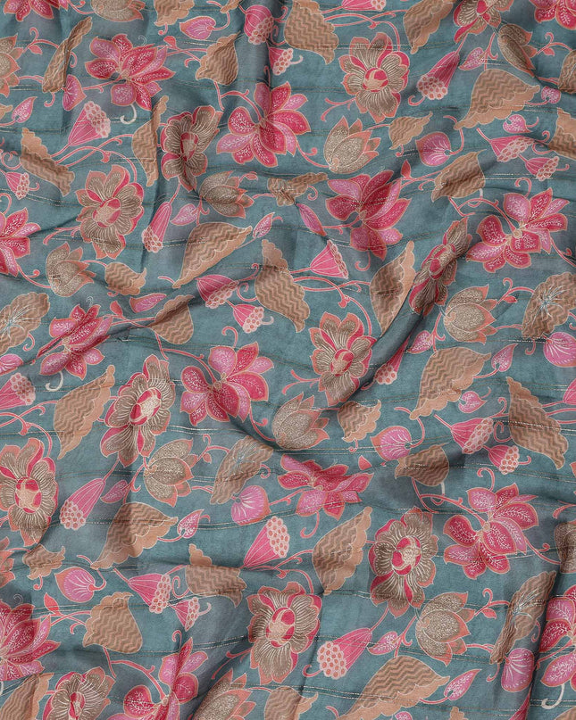 Sage Green Floral Synthetic Chiffon Fabric