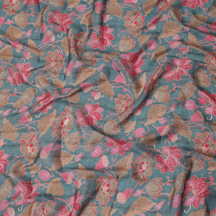 Sage Green Floral Synthetic Chiffon Fabric