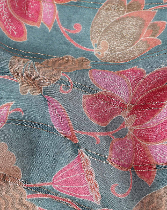 Sage Green Floral Synthetic Chiffon Fabric
