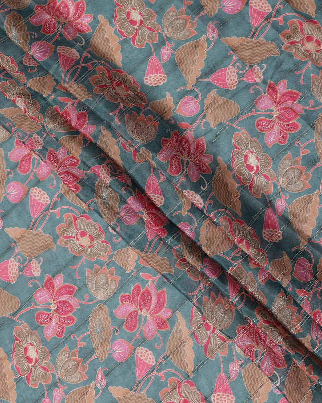 Sage Green Floral Synthetic Chiffon Fabric