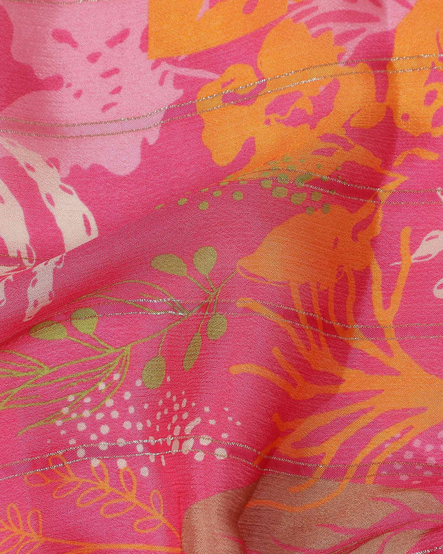 Fuchsia Pink Leaf Synthetic Chiffon Fabric