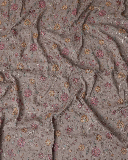 Brown Floral Embroidery Tussar Silk Fabric 110cm India