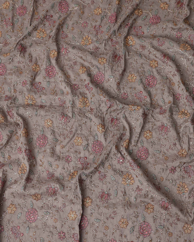 Brown Floral Embroidery Tussar Silk Fabric 110cm India