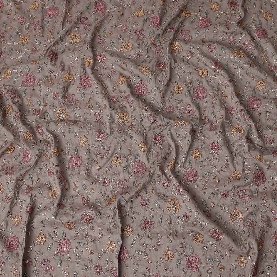 Brown Floral Embroidery Tussar Silk Fabric 110cm India