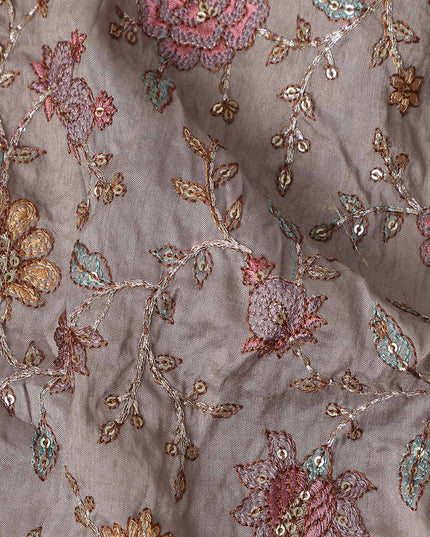 Brown Floral Embroidery Tussar Silk Fabric 110cm India