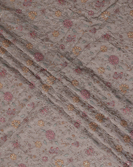Brown Floral Embroidery Tussar Silk Fabric 110cm India