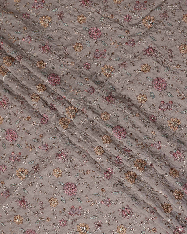 Brown Floral Embroidery Tussar Silk Fabric 110cm India