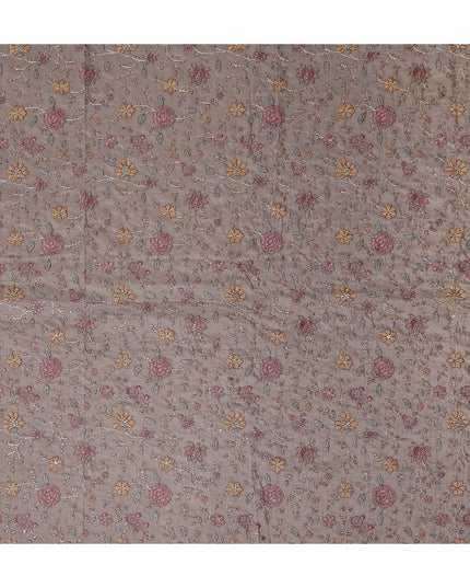 Brown Floral Embroidery Tussar Silk Fabric 110cm India