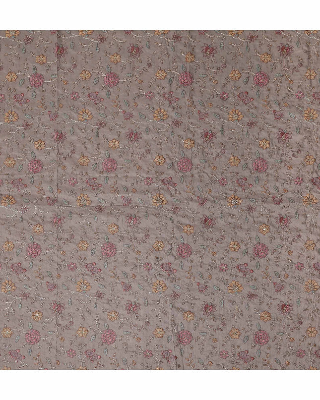 Brown Floral Embroidery Tussar Silk Fabric 110cm India