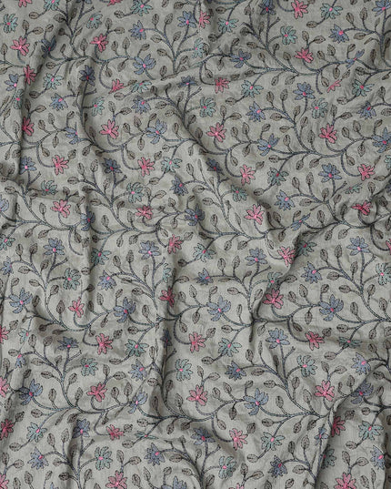 Grey Floral Embroidery Tussar Silk Fabric 110cm India