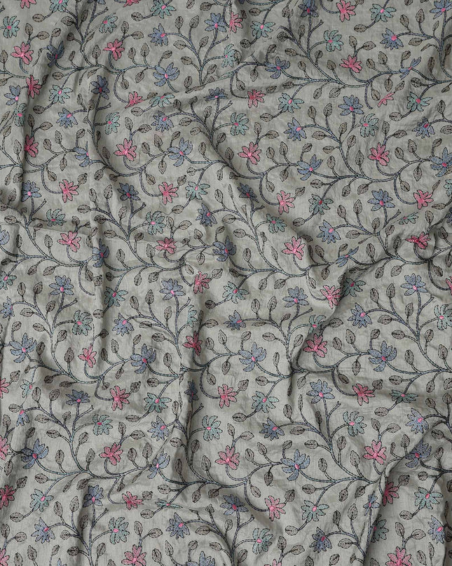 Grey Floral Embroidery Tussar Silk Fabric 110cm India