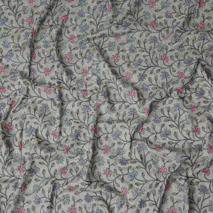 Grey Floral Embroidery Tussar Silk Fabric 110cm India