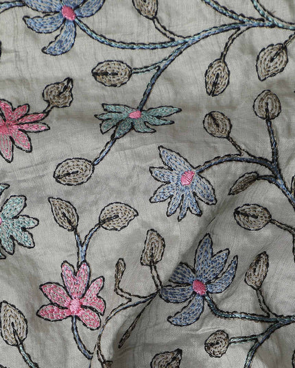 Grey Floral Embroidery Tussar Silk Fabric 110cm India