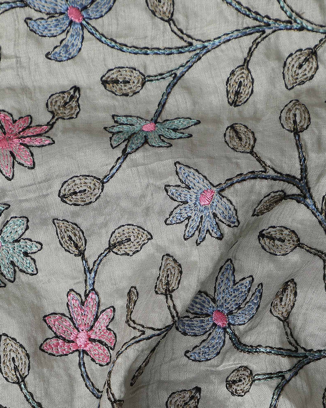 Grey Floral Embroidery Tussar Silk Fabric 110cm India