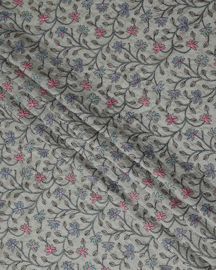 Grey Floral Embroidery Tussar Silk Fabric 110cm India