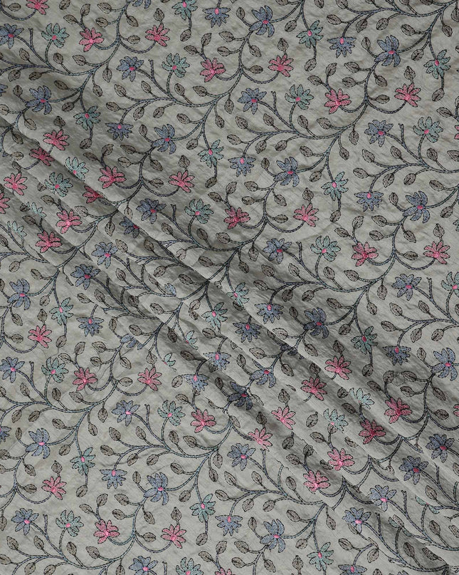 Grey Floral Embroidery Tussar Silk Fabric 110cm India