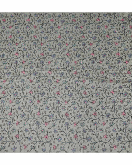 Grey Floral Embroidery Tussar Silk Fabric 110cm India