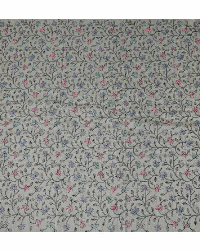 Grey Floral Embroidery Tussar Silk Fabric 110cm India